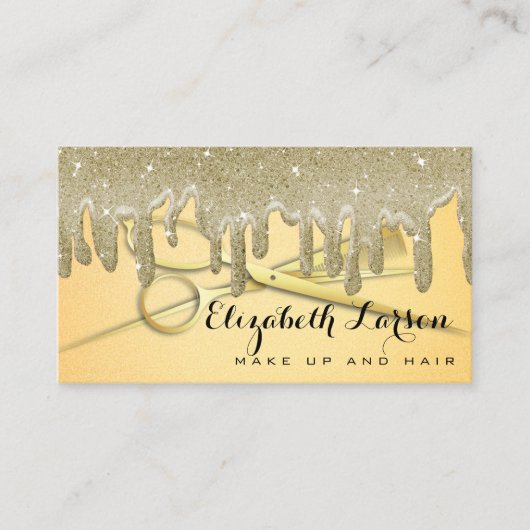 金ゴールドグリッタードリップスヘア美しいサロンロイヤリーカード 名刺 (正面)