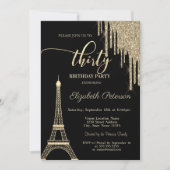 金ゴールドグリッタードリップス、エッフェルタワー30th誕生日 招待状 (正面)