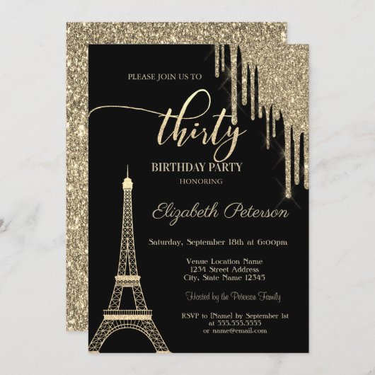 金ゴールドグリッタードリップス、エッフェルタワー30th誕生日 招待状 (正面/裏面)