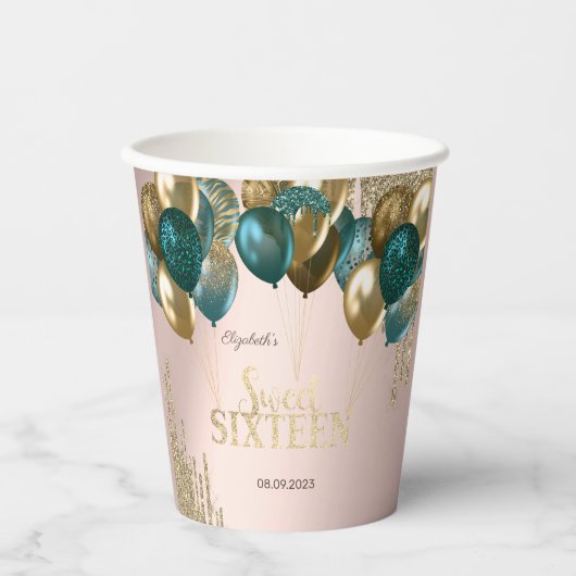 金ゴールドグリッタードリップバルーンバラ金ゴールドスウィート16 紙コップ (正面)