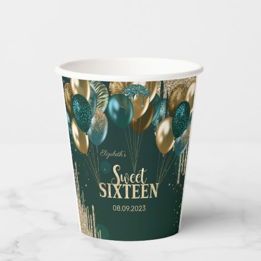 金ゴールドグリッタードリップバルーン緑の甘い16 紙コップ (正面)