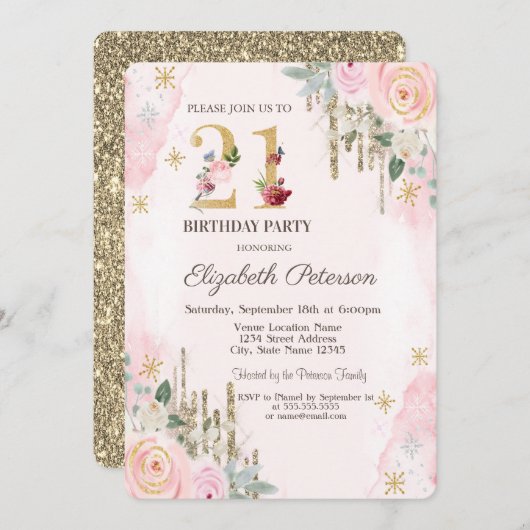 金ゴールドグリッタードリップフラワーピンク21歳 招待状 (正面/裏面)