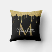 金ゴールドグリッタードリップモノグラムエレガントスクリプトブラック クッション (裏面)