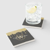 金ゴールドグリッタードリップモノグラムスクリプト名ブラック ストーンコースター (横)