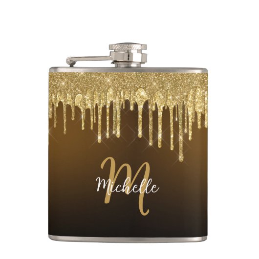 金ゴールドグリッタードリップモノグラムスパークルキュートガーリー フラスク (正面)