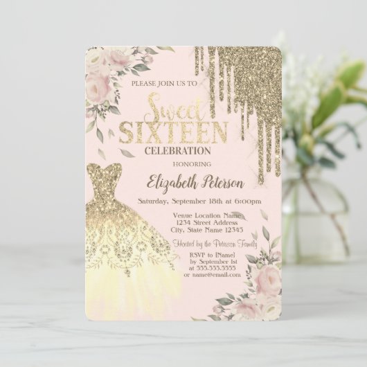 金ゴールドグリッタードリップ、ドレス、フローラクリーム甘い16 招待状 (スタンド正面)