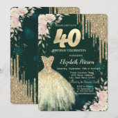 金ゴールドグリッタードリップ、ドレス、フローラグリーン40th誕生日 招待状 (正面/裏面)