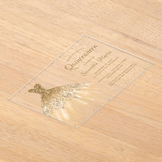 金ゴールドグリッタードレススクリプトキンセアニラパーティー アクリル招待状 (レイダウン)