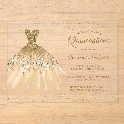 金ゴールドグリッタードレススクリプトキンセアニラパーティー アクリル招待状 (正面)