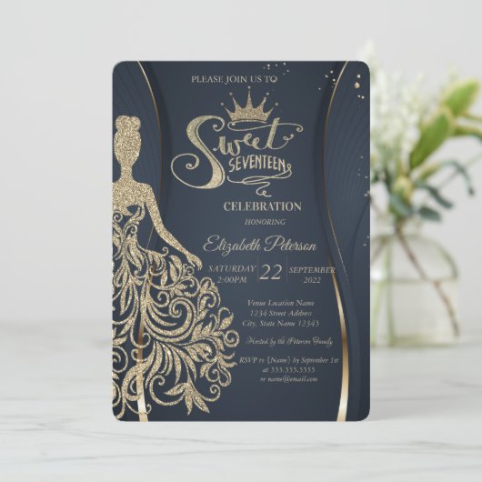 金ゴールドグリッタードレスティアラネイビーブルーキンセアニラ 招待状 (スタンド正面)