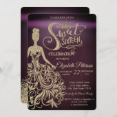 金ゴールドグリッタードレスティアラブルガンディースウィート16 招待状 (正面/裏面)