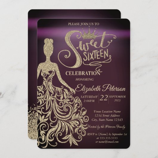 金ゴールドグリッタードレスティアラブルガンディースウィート16 招待状 (正面/裏面)