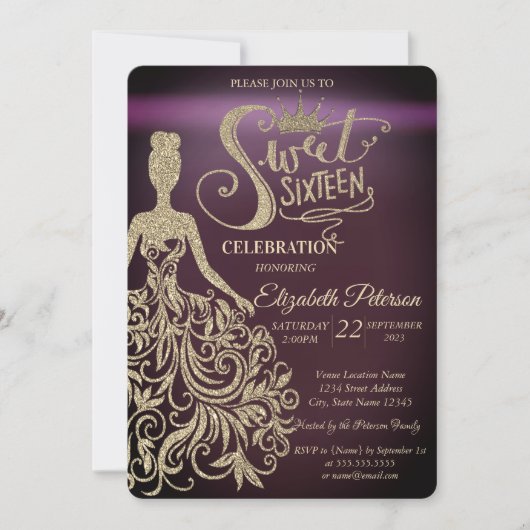金ゴールドグリッタードレスティアラブルガンディースウィート16 招待状 (正面)