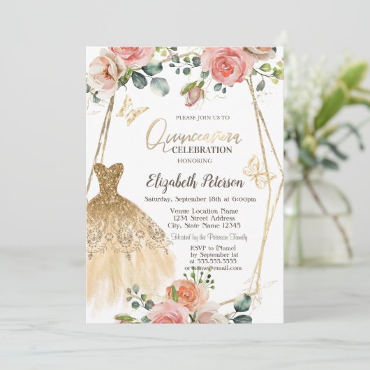 金ゴールドグリッタードレスバタフライフラワーズキンセアニェラ 招待状 (スタンド正面)