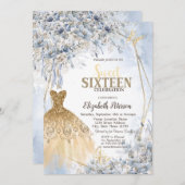 金ゴールドグリッタードレスフラワーバタフライスウィート16 招待状 (正面/裏面)