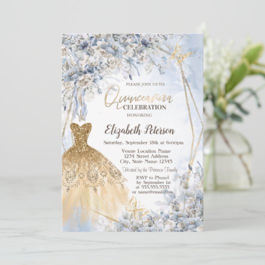 金ゴールドグリッタードレスブルーフラワーズキンセアニェラ 招待状 (スタンド正面)