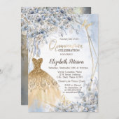 金ゴールドグリッタードレスブルーフラワーズキンセアニェラ 招待状 (正面/裏面)