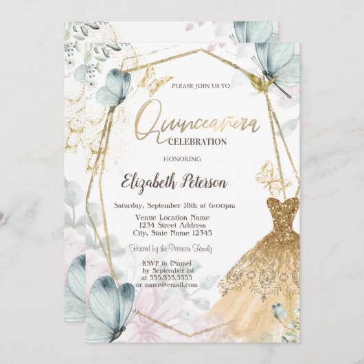 金ゴールドグリッタードレスブルー蝶金ゴールドフレーム 招待状 (正面/裏面)