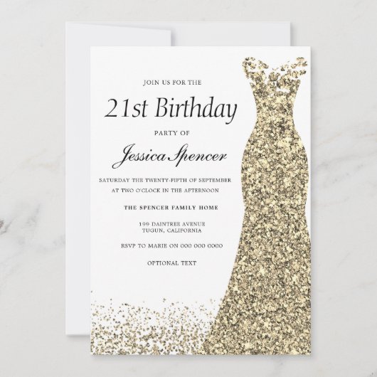 金ゴールドグリッタードレス女性21st誕生日パーティー 招待状 (正面)