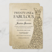金ゴールドグリッタードレス女性21st誕生日パーティー 招待状 (正面/裏面)