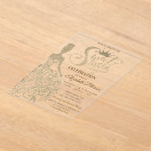 金ゴールドグリッタードレス、ダイアモンズグリーンスウィート16 アクリル招待状 (レイダウン)