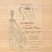 金ゴールドグリッタードレス、ダイアモンズグリーンスウィート16 アクリル招待状 (正面)