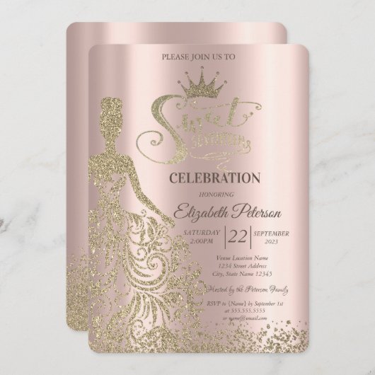 金ゴールドグリッタードレス、ダイヤモンドバラ金ゴールドスウィート17 招待状 (正面/裏面)