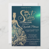 金ゴールドグリッタードレス、ティアラ、ダイアモンズグリーンスウィート16 招待状 (正面)