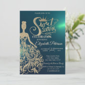 金ゴールドグリッタードレス、ティアラ、ダイアモンズグリーンスウィート16 招待状 (スタンド正面)