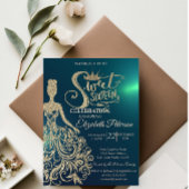 金ゴールドグリッタードレス、ティアラ、ダイアモンズグリーンスウィート16 招待状