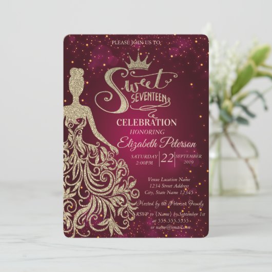 金ゴールドグリッタードレス、ティアラ、ダイアモンズスウィート17 招待状 (スタンド正面)