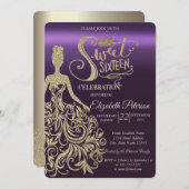 金ゴールドグリッタードレス、ティアラ、ダイアモンズパープル 招待状 (正面/裏面)