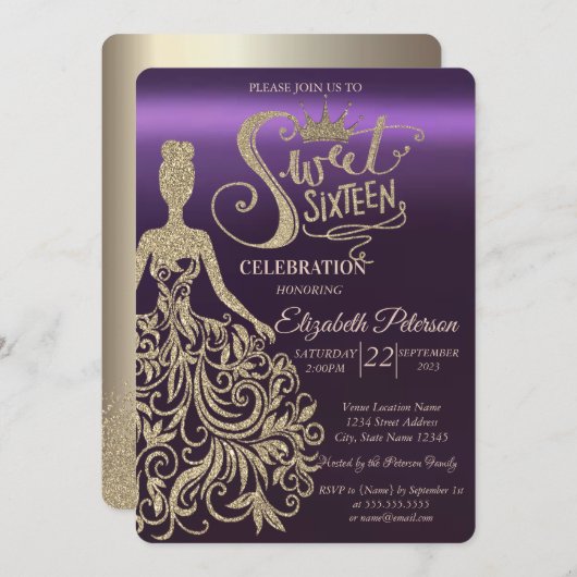金ゴールドグリッタードレス、ティアラ、ダイアモンズパープル 招待状 (正面/裏面)