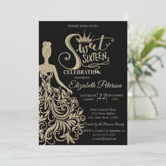 金ゴールドグリッタードレス、ティアラ、ダイアモンズブラックスウィート16 招待状 (スタンド正面)