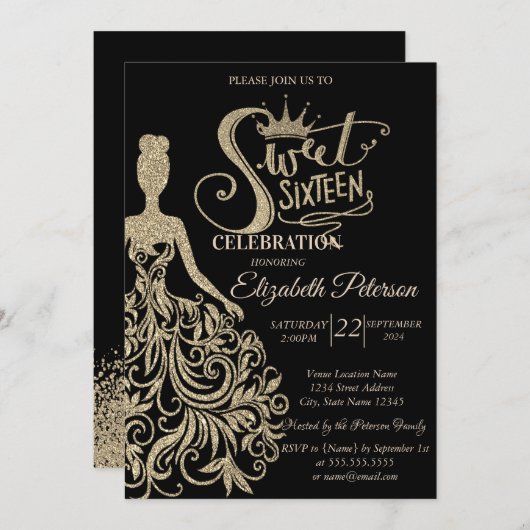 金ゴールドグリッタードレス、ティアラ、ダイアモンズブラックスウィート16 招待状 (正面/裏面)