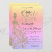 金ゴールドグリッタードレス，ティアラ，ダイヤモンドグラデーションスウィート16 招待状 (正面/裏面)