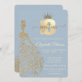 金ゴールドグリッタードレス,ティアラ,ダスティーブルーブル18誕生日 招待状 (正面/裏面)