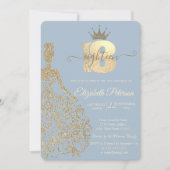 金ゴールドグリッタードレス，ティアラ，ダスティーブルーブル18誕生日 招待状 (正面)