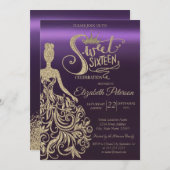 金ゴールドグリッタードレス、ティアラ、パープルスウィート16 招待状 (正面/裏面)