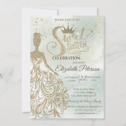 金ゴールドグリッタードレス,ティアラ,水彩グリーンスウィート16 招待状 (正面)
