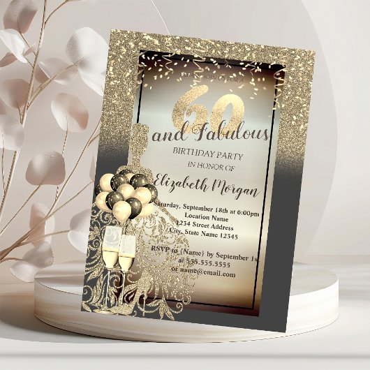 金ゴールドグリッタードレス、バルーン、60th誕生日パーティー 招待状