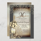 金ゴールドグリッタードレス、バルーン、90th誕生日パーティー 招待状 (正面/裏面)