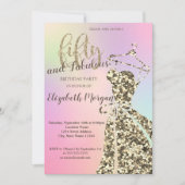 金ゴールドグリッタードレス、ホログラフィック50th誕生日パーティー 招待状 (正面)