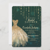 金ゴールドグリッタードレス、紙吹雪グリーンブライダルシャワー 招待状 (正面)