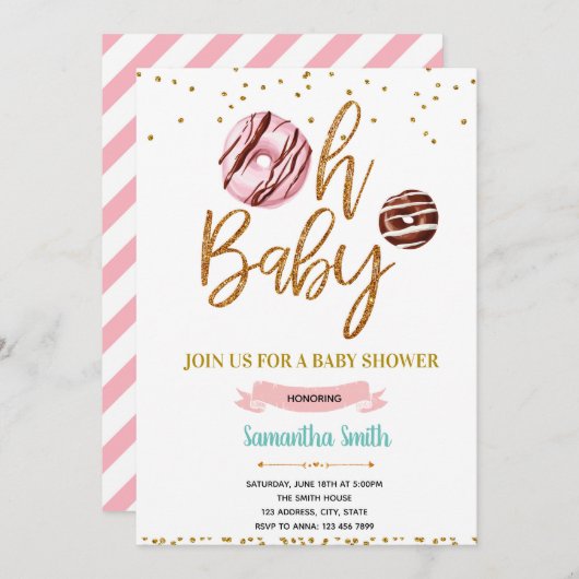 金ゴールドグリッタードーナツベビーシャワーの招待 招待状 (正面/裏面)
