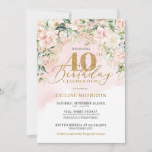 金ゴールドグリッターナンバーソフトピンクのバラ40歳の誕生日 招待状 (正面)