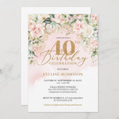 金ゴールドグリッターナンバーソフトピンクのバラ40歳の誕生日 招待状 (正面/裏面)
