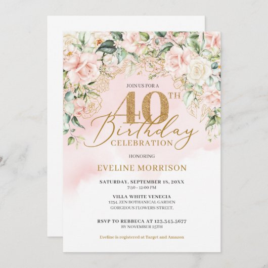 金ゴールドグリッターナンバーソフトピンクのバラ40歳の誕生日 招待状 (正面/裏面)