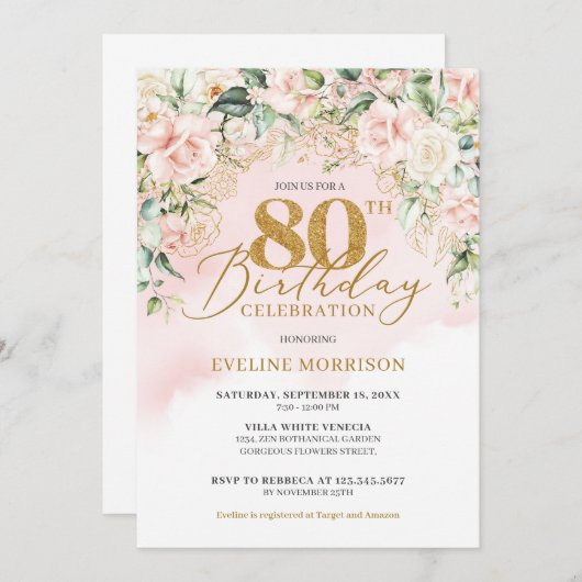 金ゴールドグリッターナンバーソフトピンクのバラ80歳の誕生日 招待状 (正面/裏面)