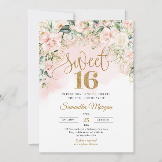 金ゴールドグリッターナンバーソフトピンクのバラsweet sixteen 招待状 (正面)